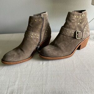 Sofft suede brown/taupe/olive bootie with bronze studs and buckle